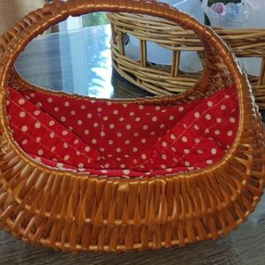 Vintage Wicker Rattan Gathering Gondola Basket Purse Polka Dot Fabric Red